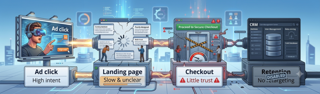 Diagram of the PPC customer journey — ad click, landing page, checkout, retention — showing where sales typically leak at each stage
