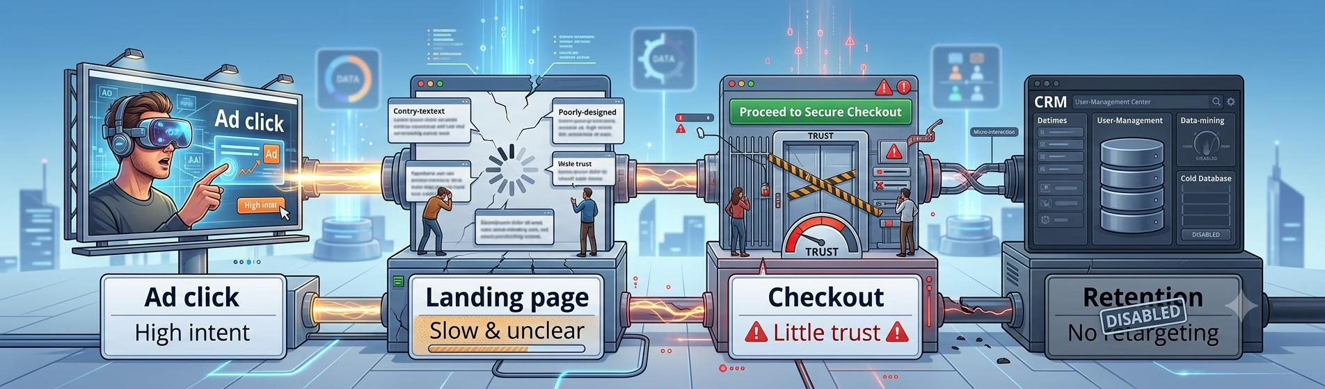 Diagram of the PPC customer journey — ad click, landing page, checkout, retention — showing where sales typically leak at each stage